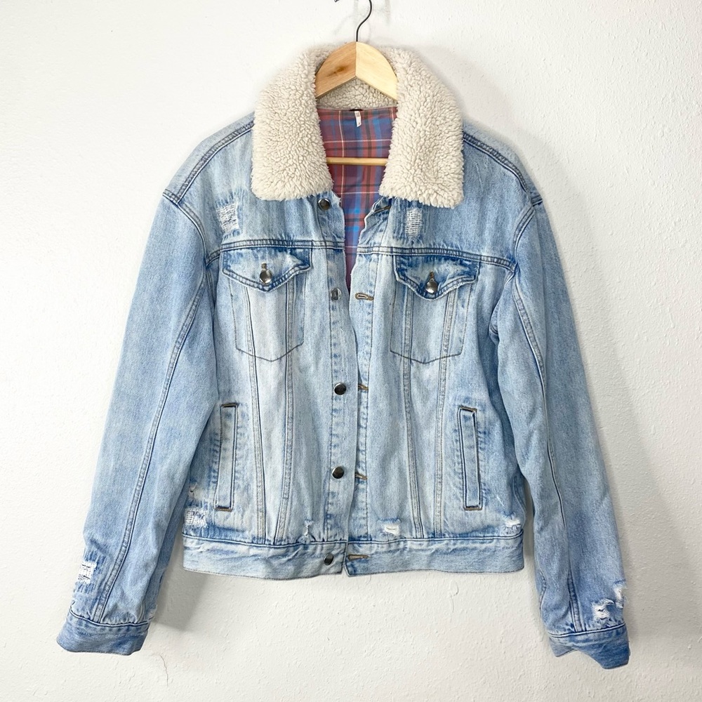 Free People Plaid Lined Sherpa Trucker Jacket Small - Picture 4 of 9